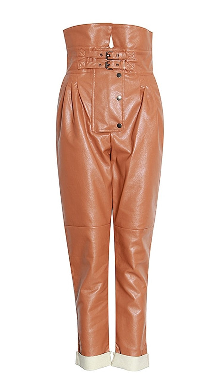 Asymmetric PU leather pants
