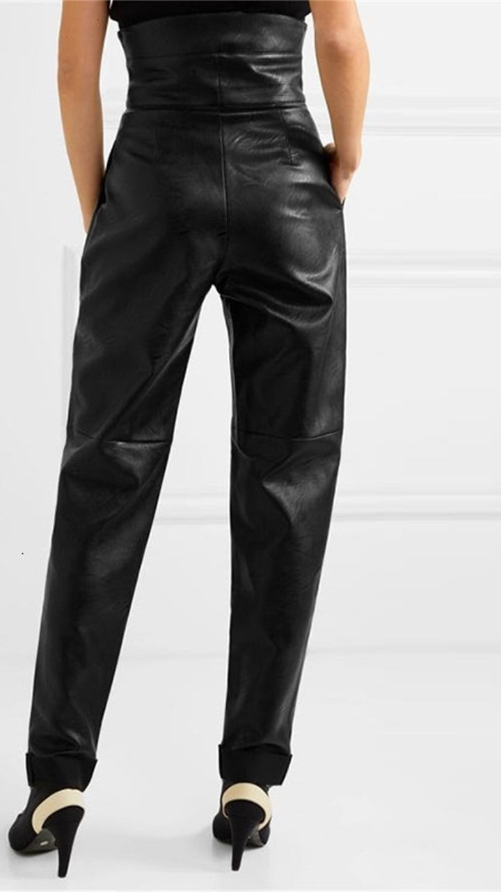 Asymmetric PU leather pants
